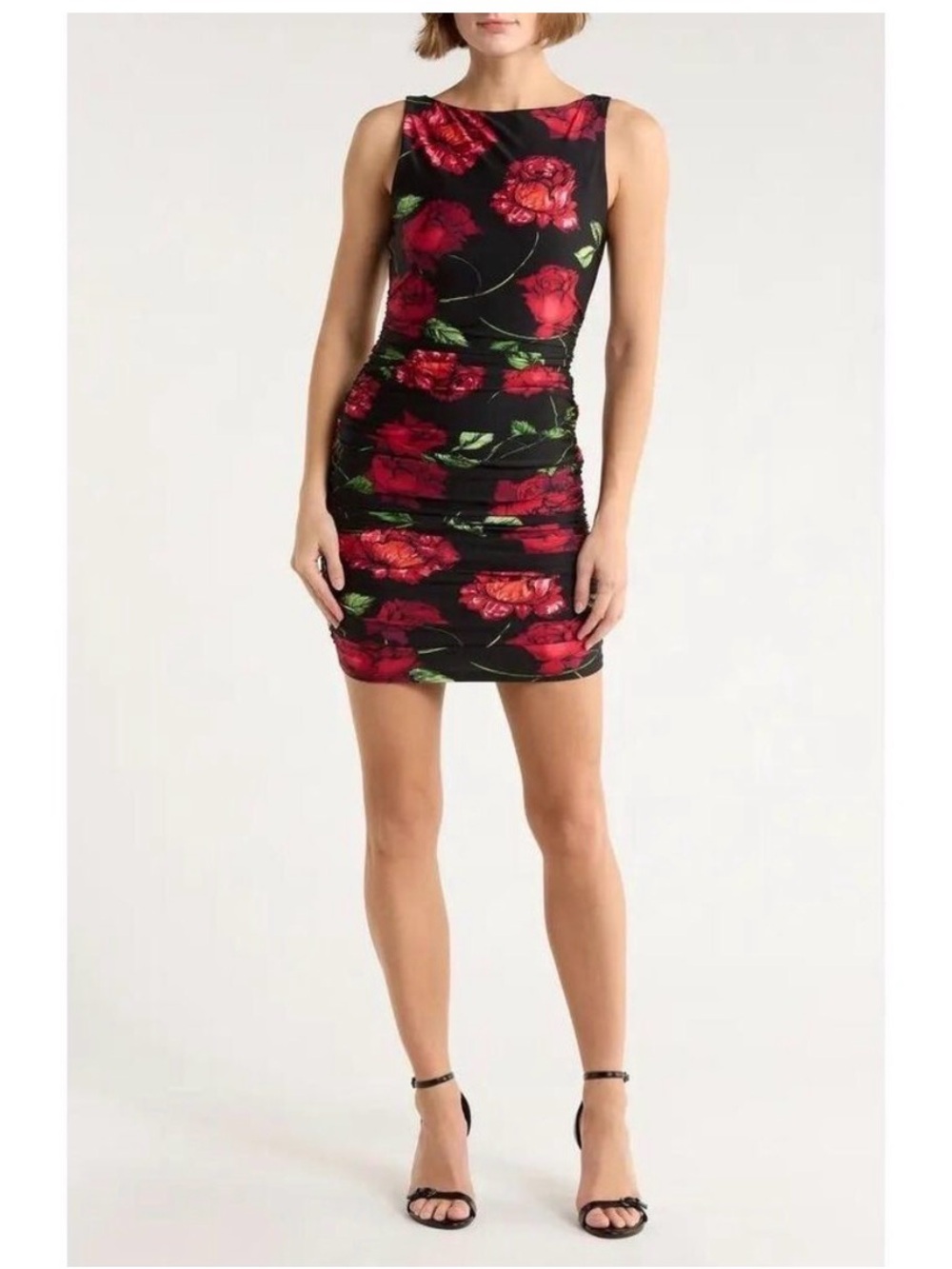 AFRM Dark Floral Ruched Mini Dress Black Red Rose Sleeveless Bodycon Size S
